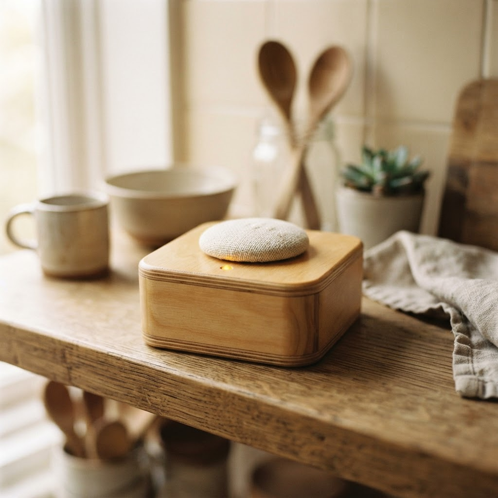 A handcrafted wooden Message Box with a single button and a warm glowing light, sitting on a kitchen shelf